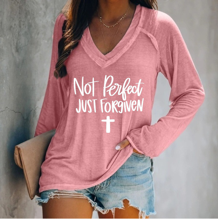 Not Perfect Just Forgiven V-Neck Long Sleeves T-shirt