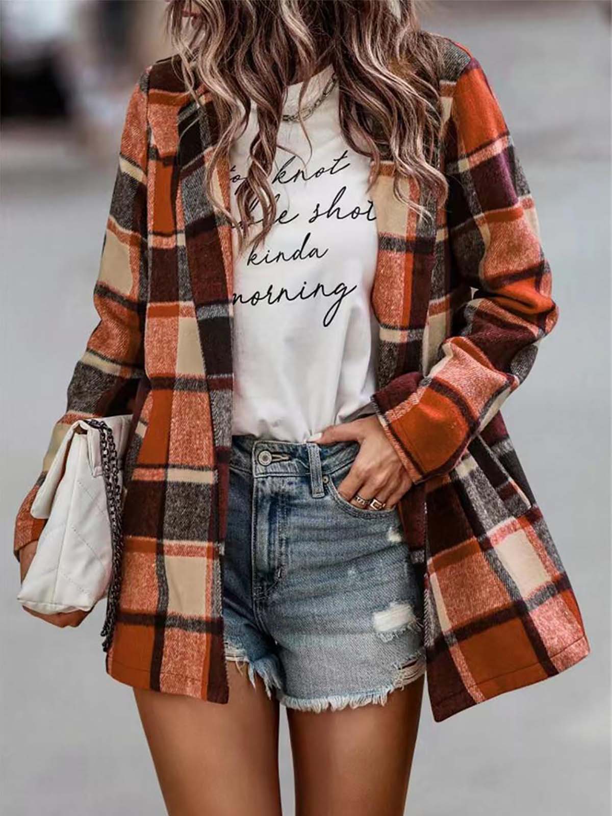 Women Lapel Loose Thicken Plaid Shirt