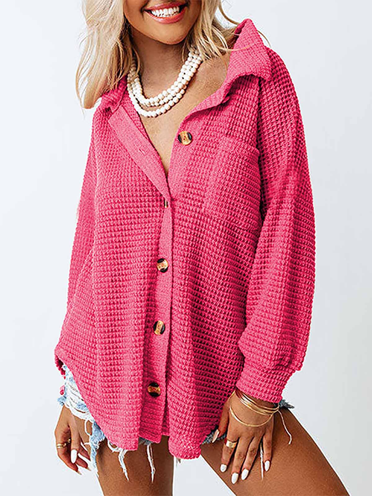 Waffle Knit Casual Shirt Cardigan