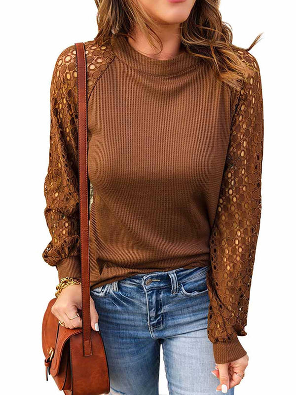 Lace Raglan Sleeve Waffle Knit Top