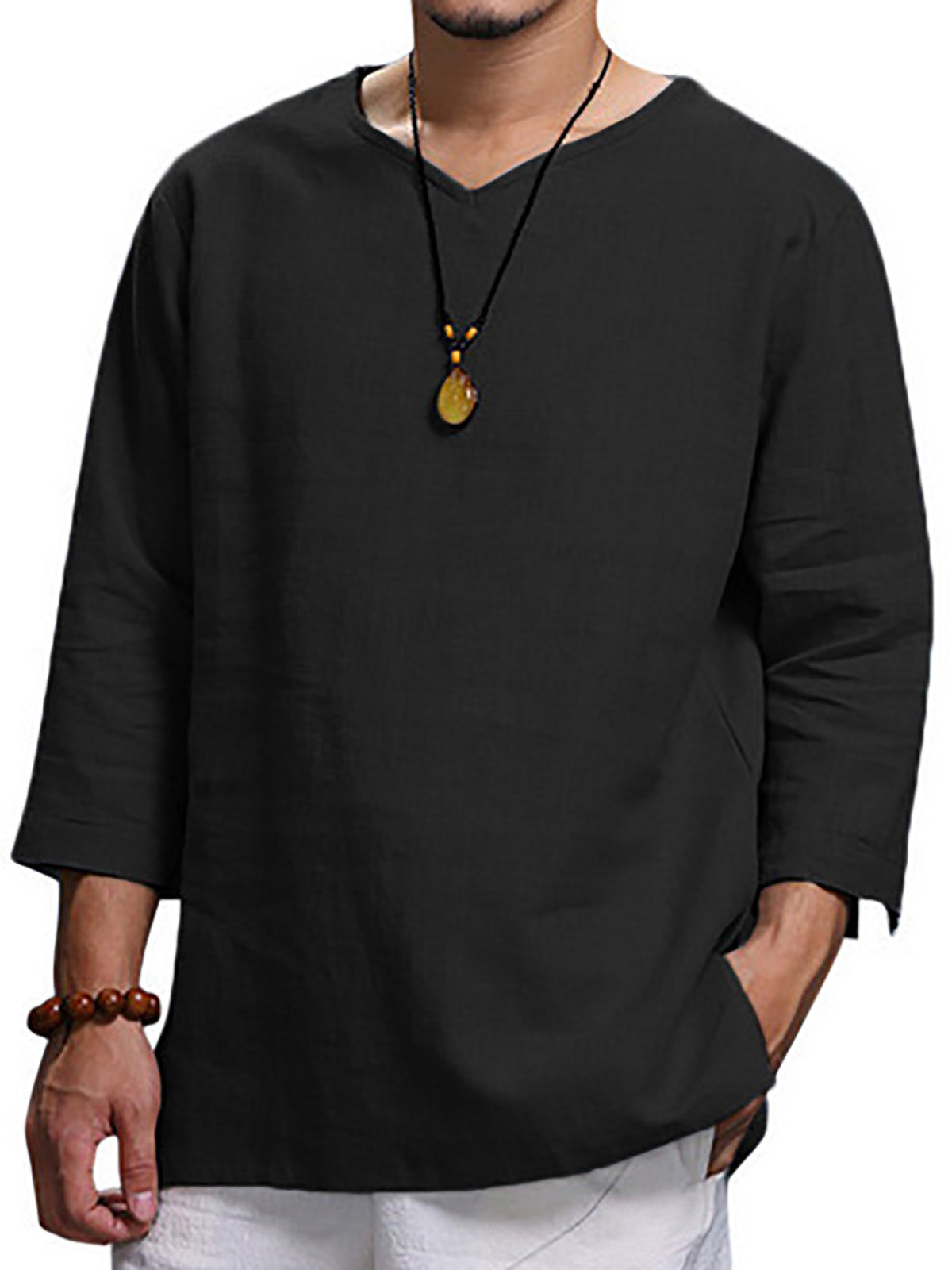 Men's Long-sleeved V-neck Linen Loose Shirt