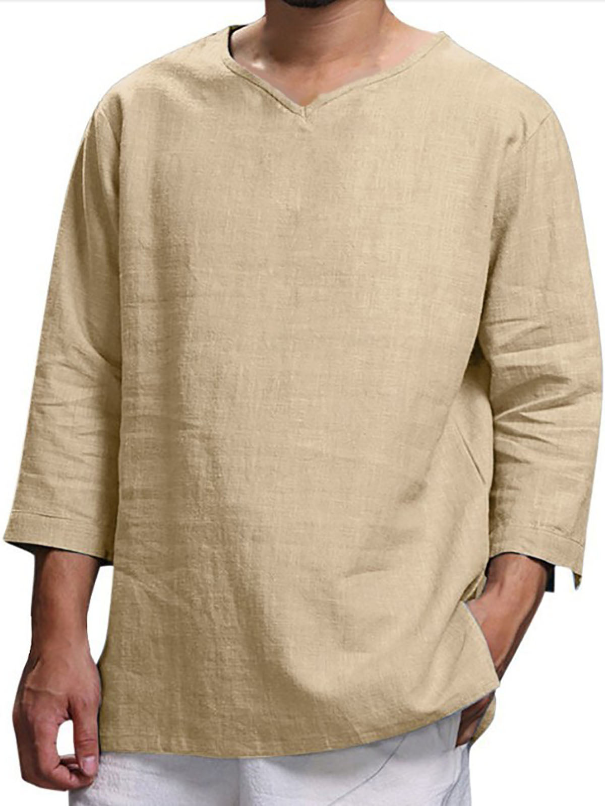 Men's Long-sleeved V-neck Linen Loose Shirt