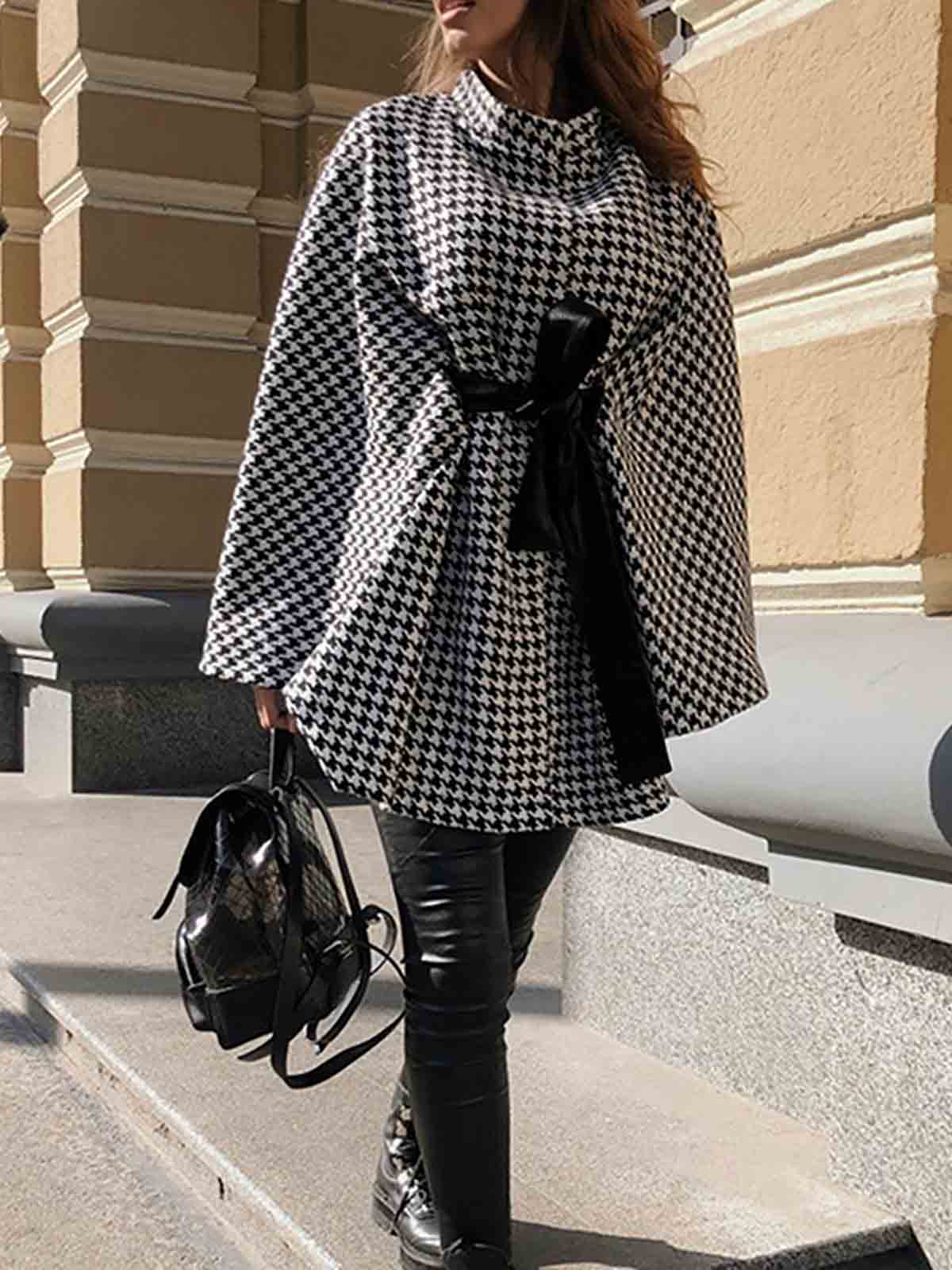 Houndstooth High Neck Cape Coat