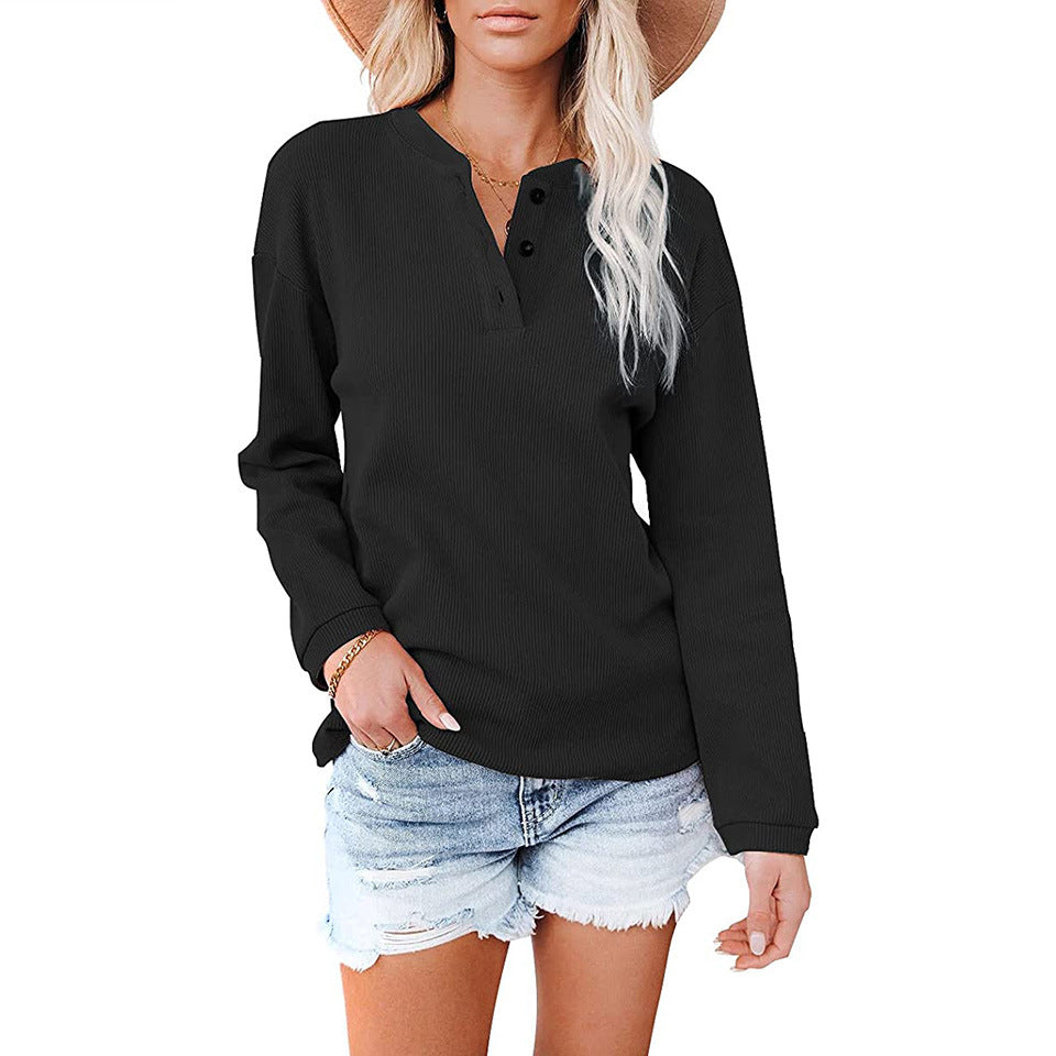 V Neck Button Solid Color Casual Pullover