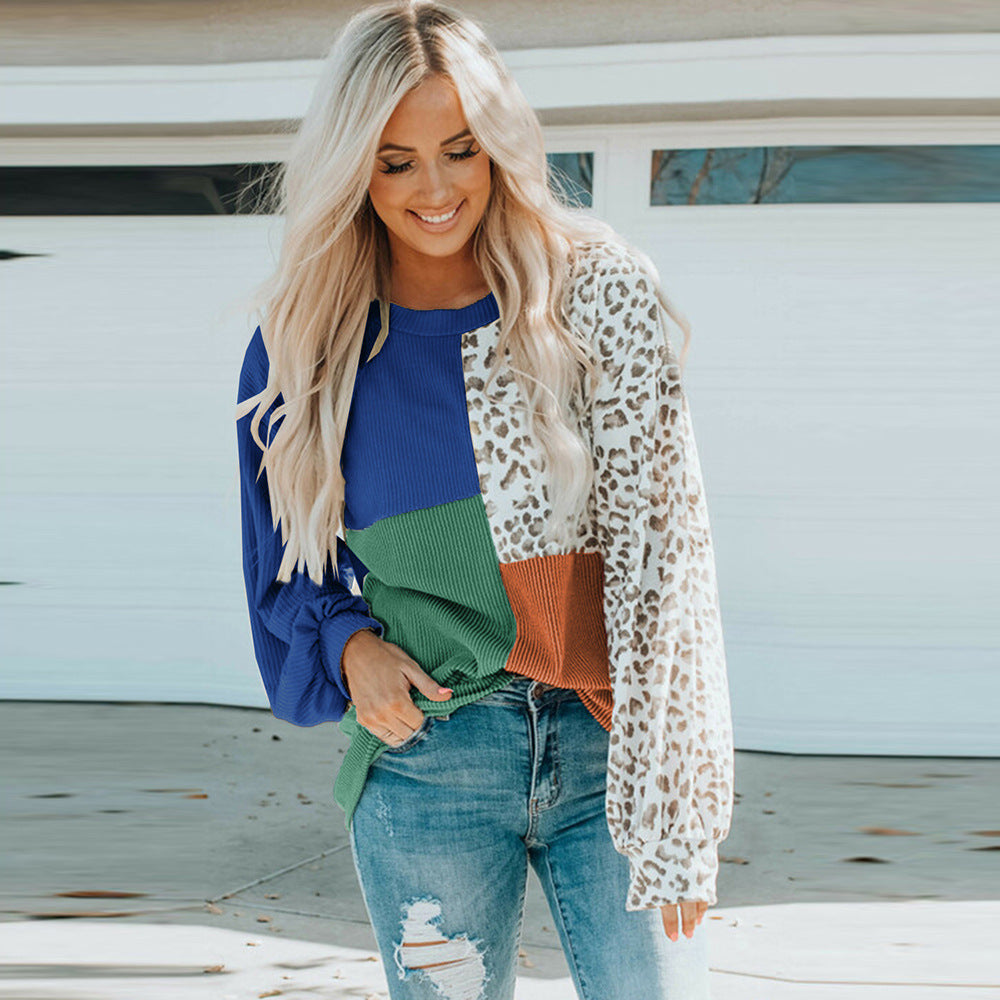 Leopard Colorblock Print Long-Sleeve Sweater