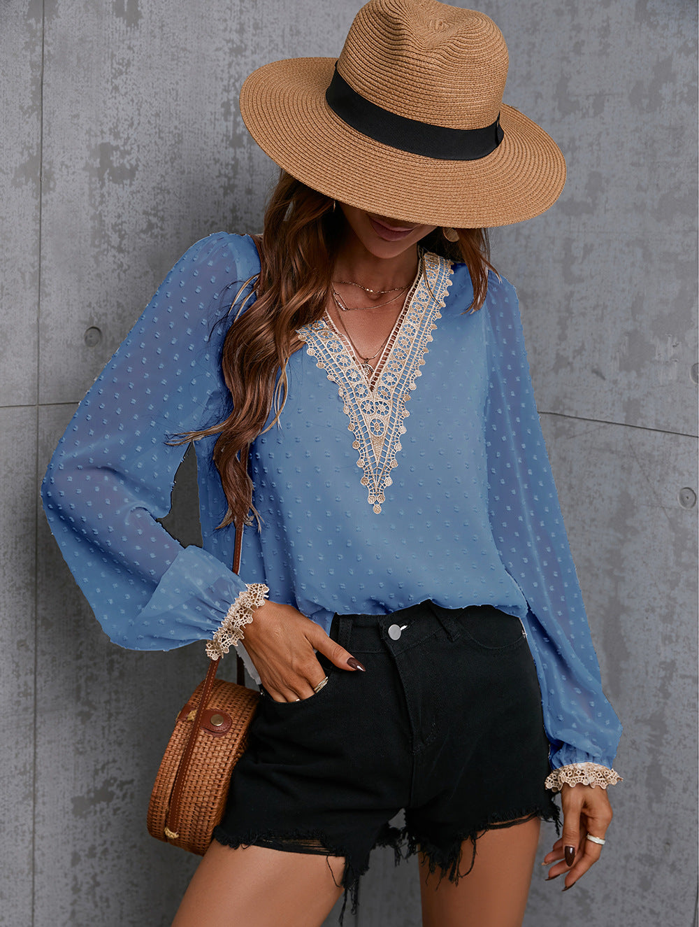 Chiffon Stitching Lace Long-Sleeved Shirt