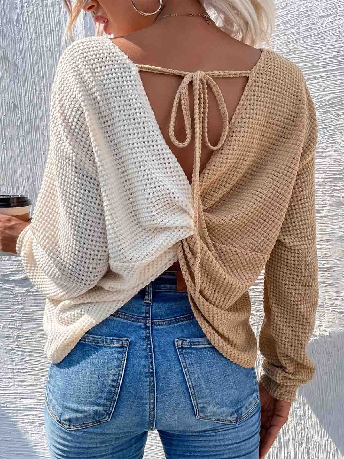 Two Tone Drop Shoulder Twist Back Sweatshirt