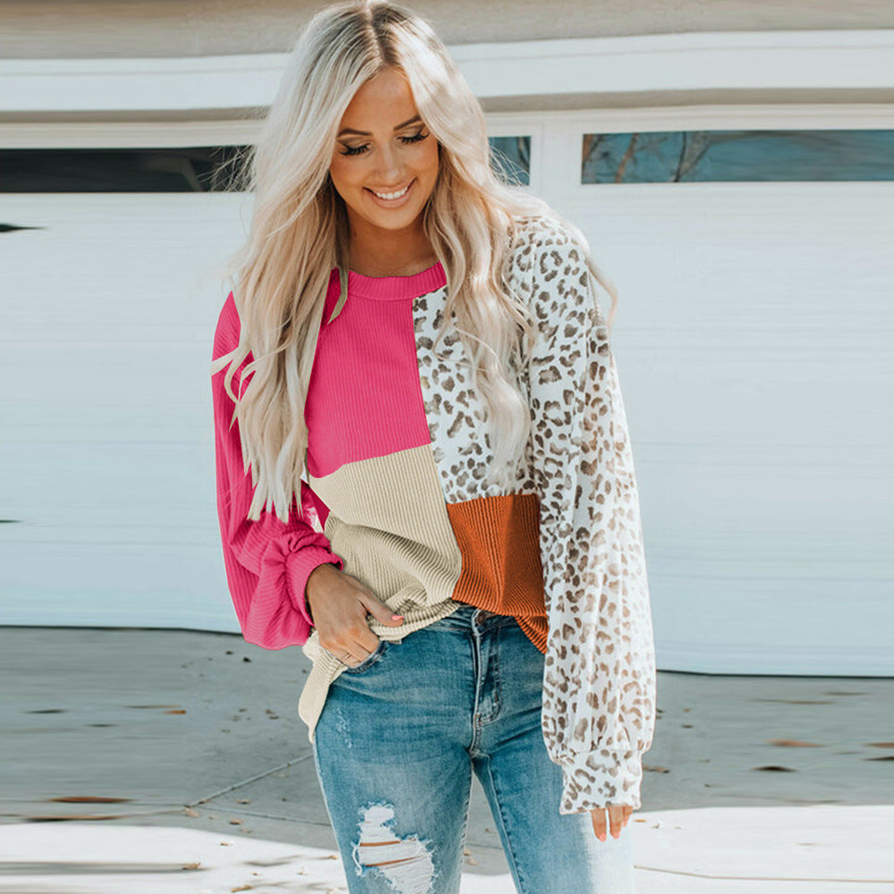 Leopard Colorblock Print Long-Sleeve Sweater