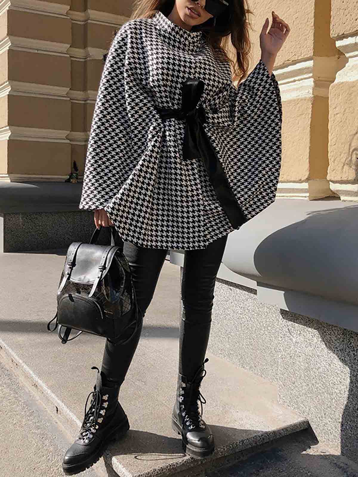 Houndstooth High Neck Cape Coat