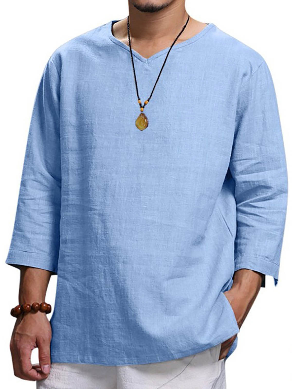 Men's Long-sleeved V-neck Linen Loose Shirt