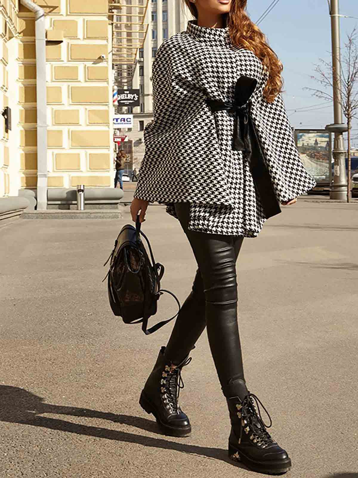 Houndstooth High Neck Cape Coat