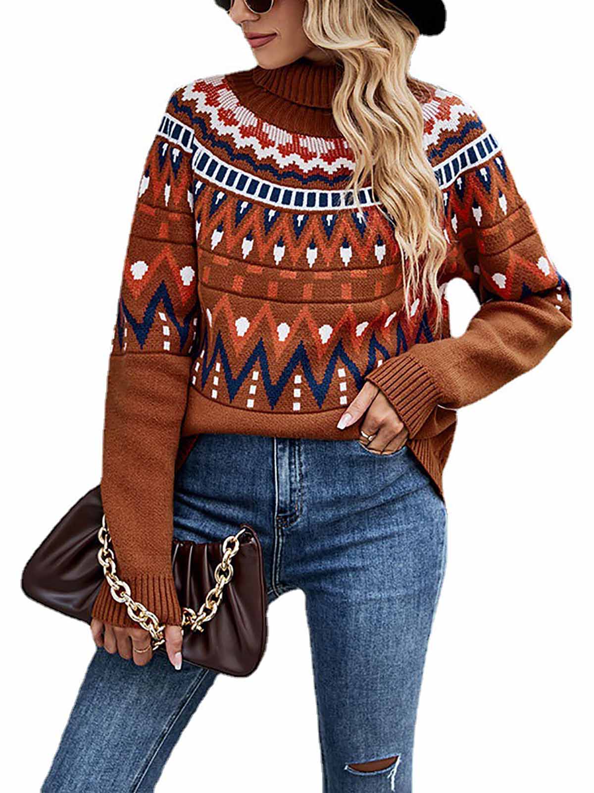Retro Stripe Stitching Contrast Color Turtleneck Sweater