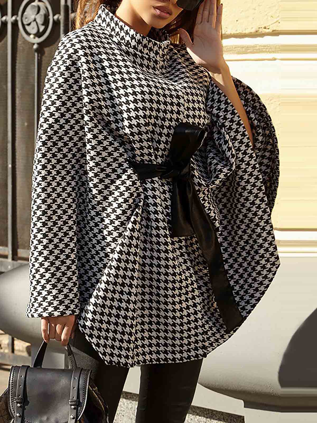 Houndstooth High Neck Cape Coat