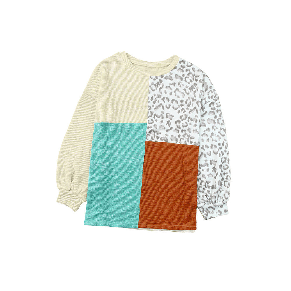 Leopard Colorblock Print Long-Sleeve Sweater