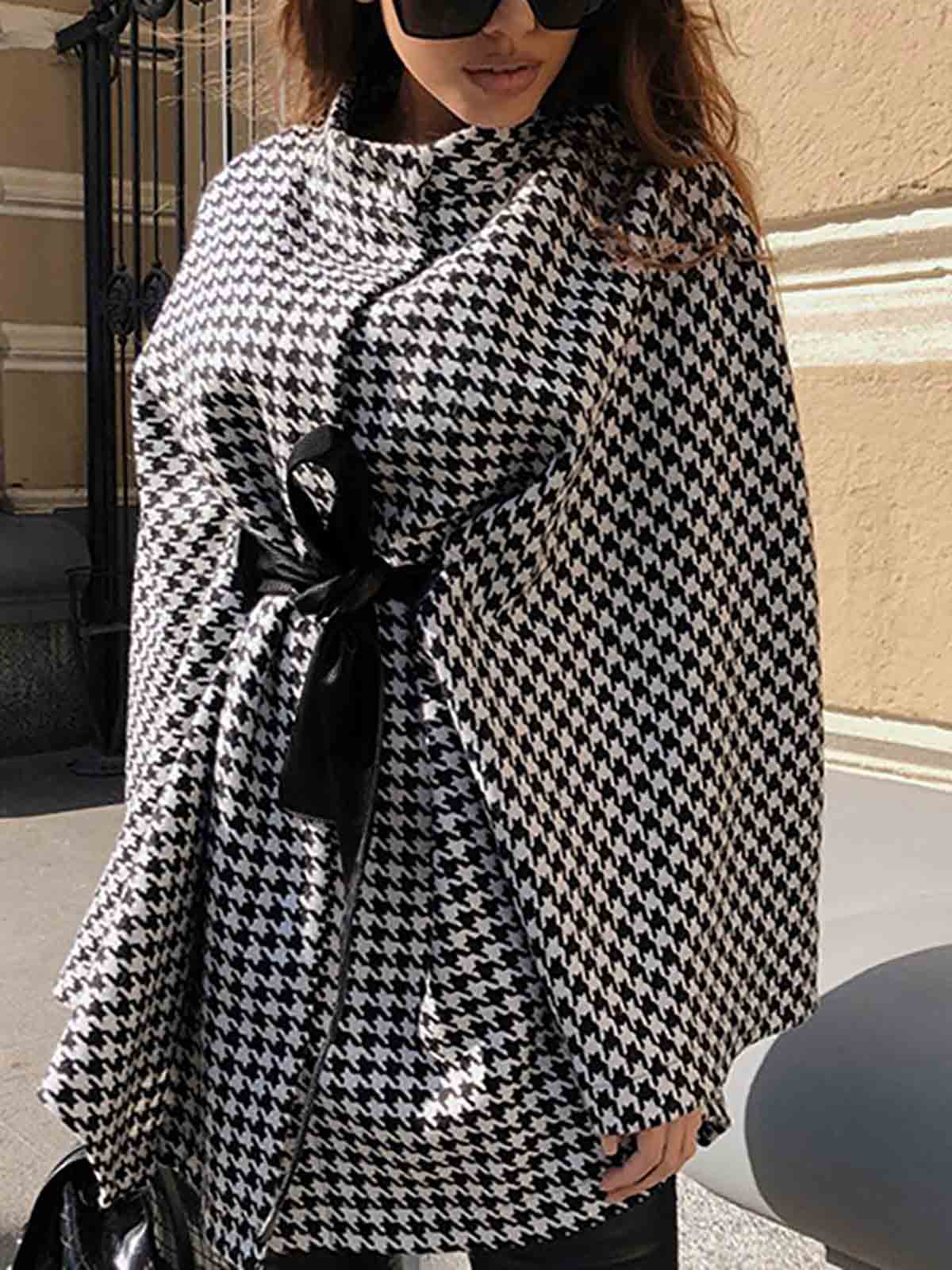 Houndstooth High Neck Cape Coat