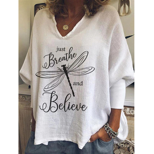 Just Breathe and Believe Dragonfly Print V-Neck T-Shirt