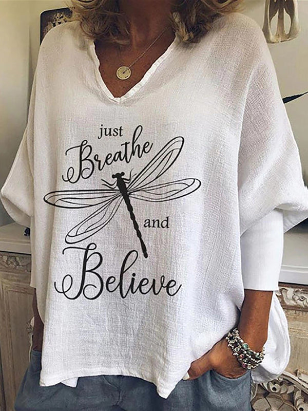 Just Breathe and Believe Dragonfly Print V-Neck T-Shirt