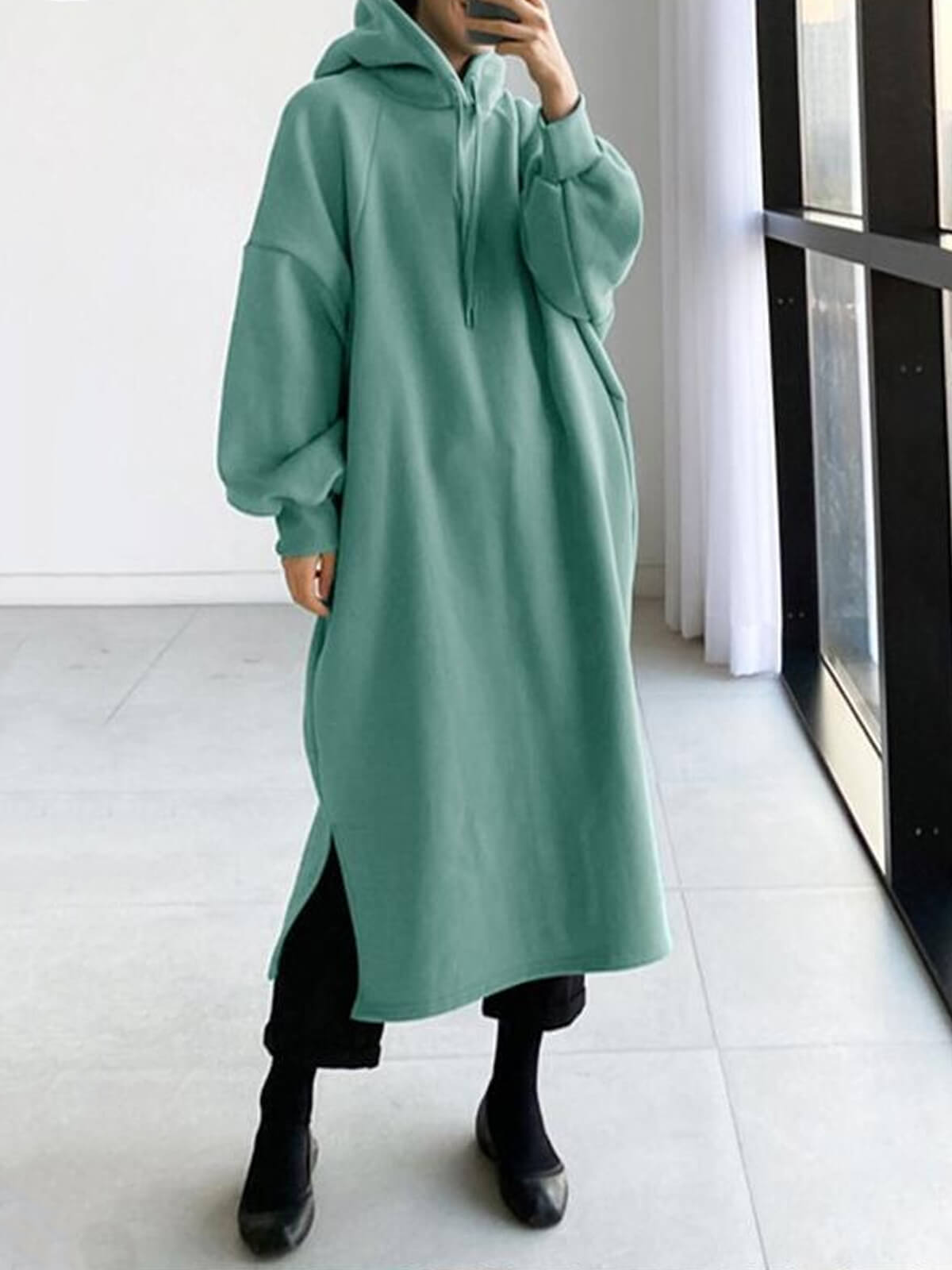 Long Sleeve Hooded Sweatshirt Maxi Dress with Pocket