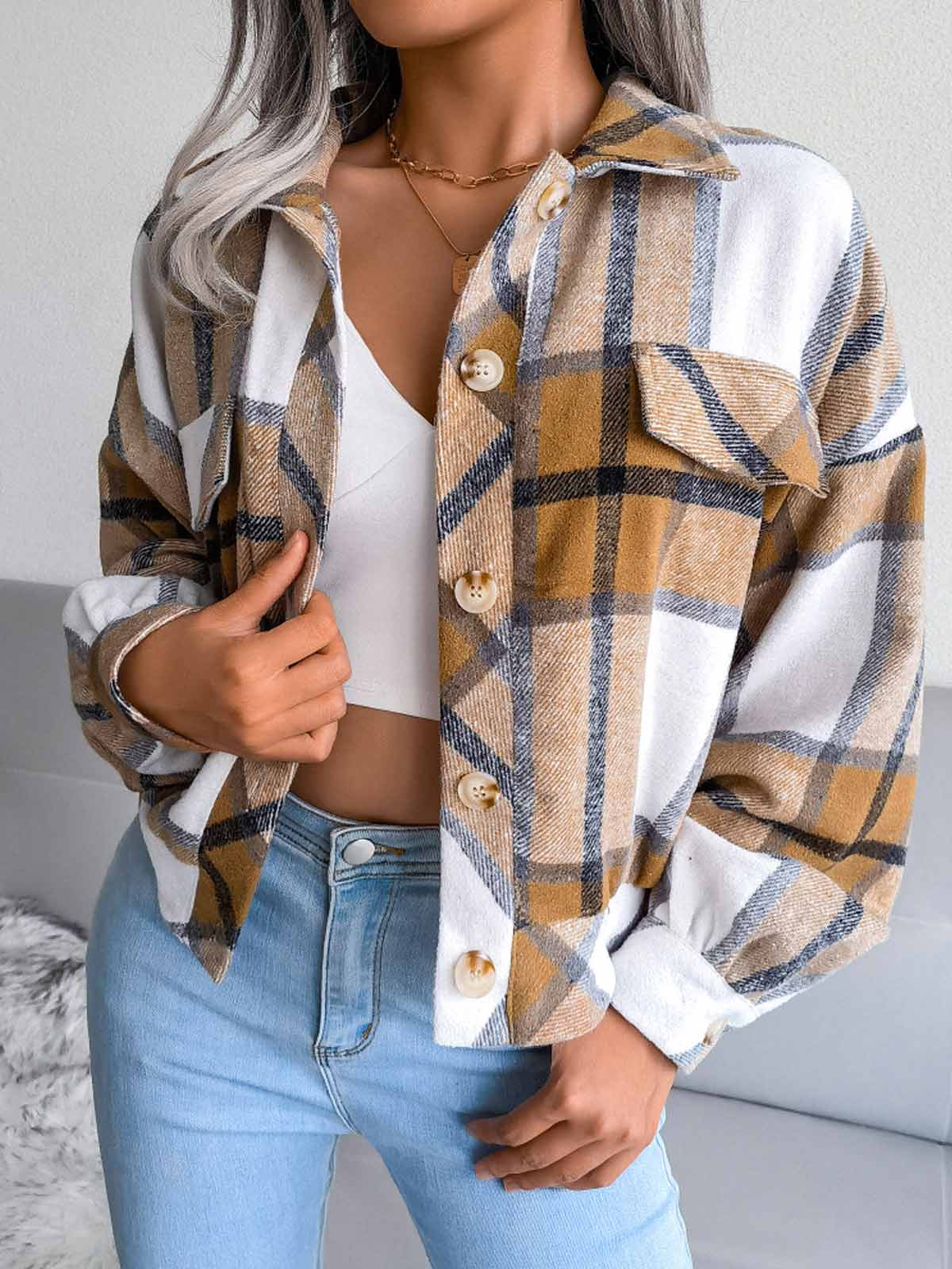 Plaid Lantern Long Sleeve Jacket