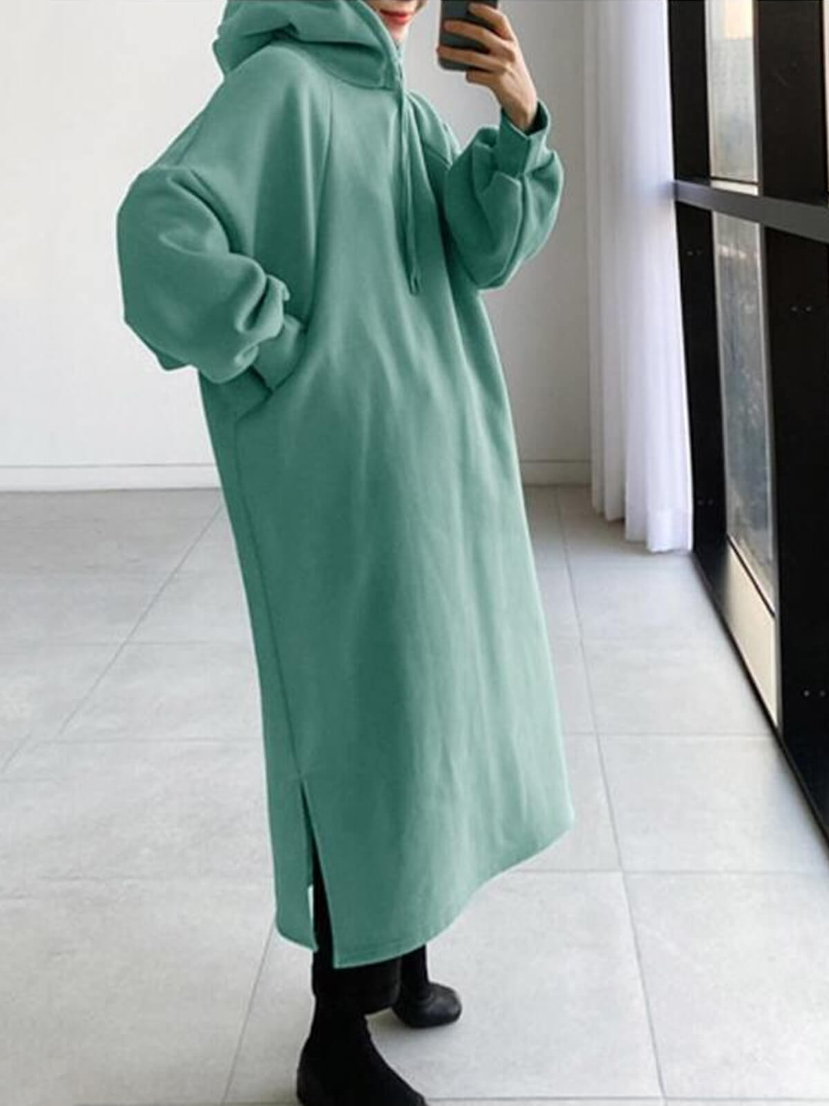 Long Sleeve Hooded Sweatshirt Maxi Dress with Pocket