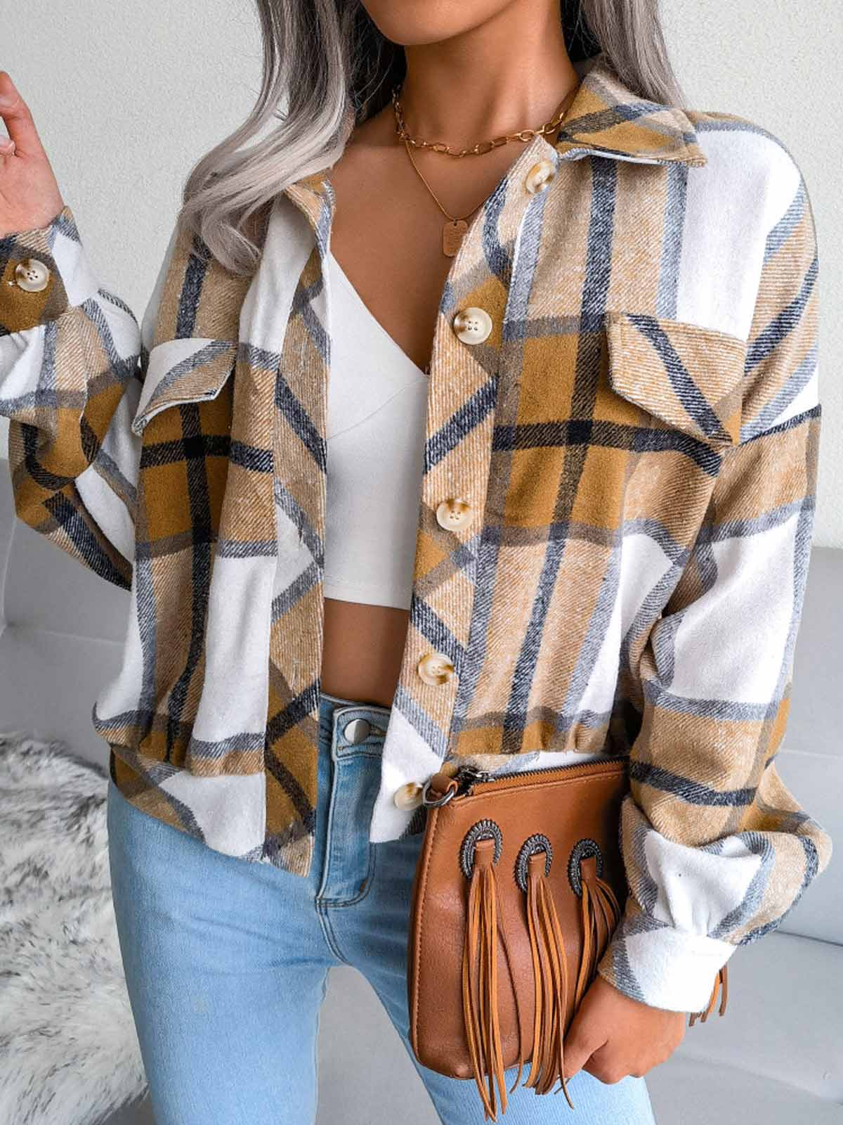 Plaid Lantern Long Sleeve Jacket