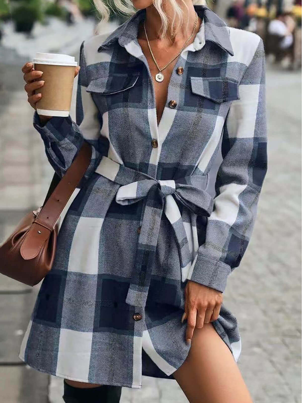 Lapel Plaid Midi Dress with Belt