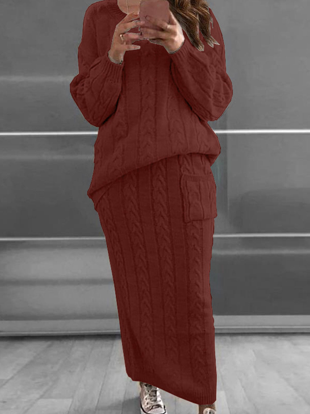 Chunky Cable Knit Long Sweater Sets