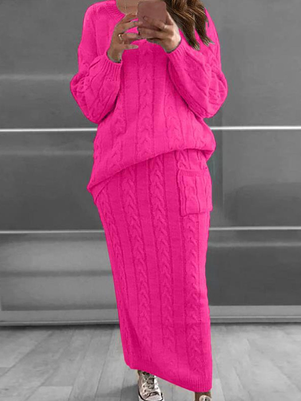 Chunky Cable Knit Long Sweater Sets