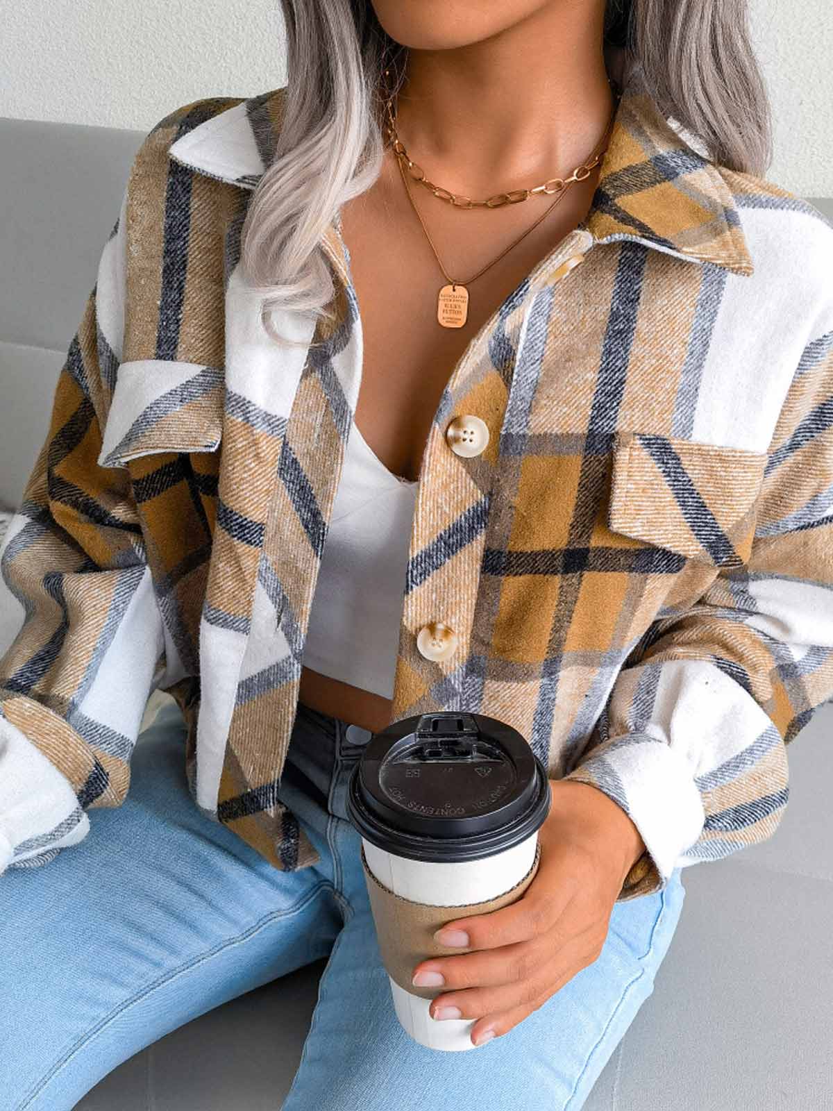 Plaid Lantern Long Sleeve Jacket