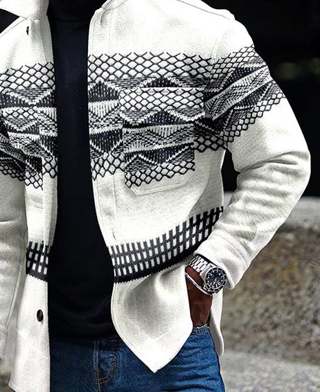 Lapel Collar Geometric Pattern Button Up Jacket