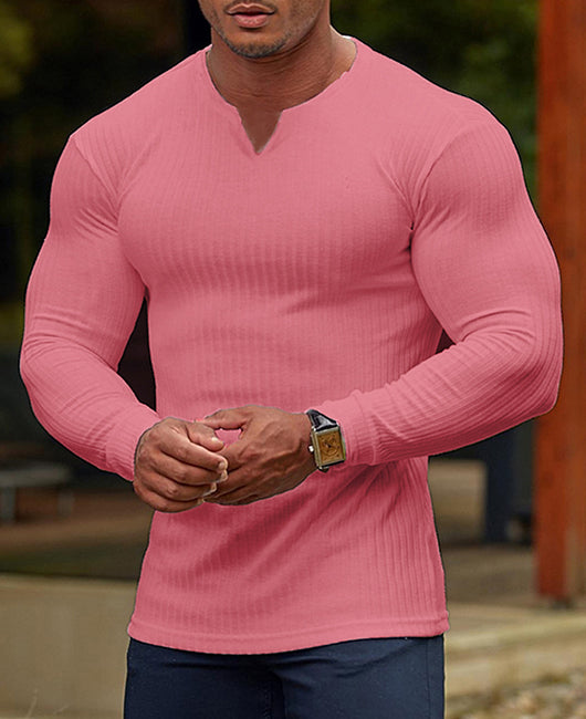 Notched Neck Ribbed Solid Color Shirt