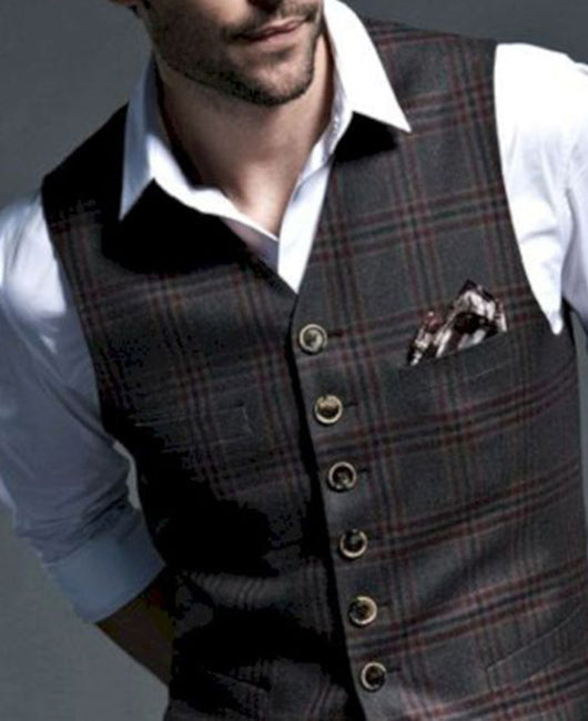 Men Textured Button Up Plaid Waistcoat