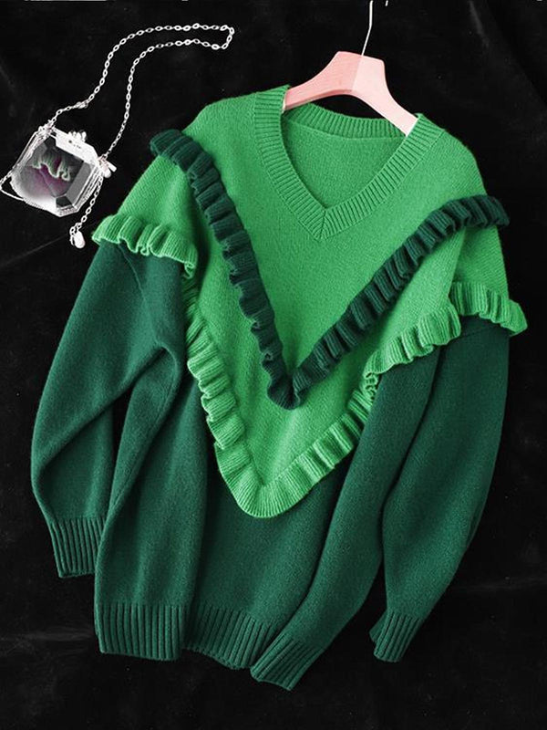 Ruffle  Design V-neck Knitted Sweater