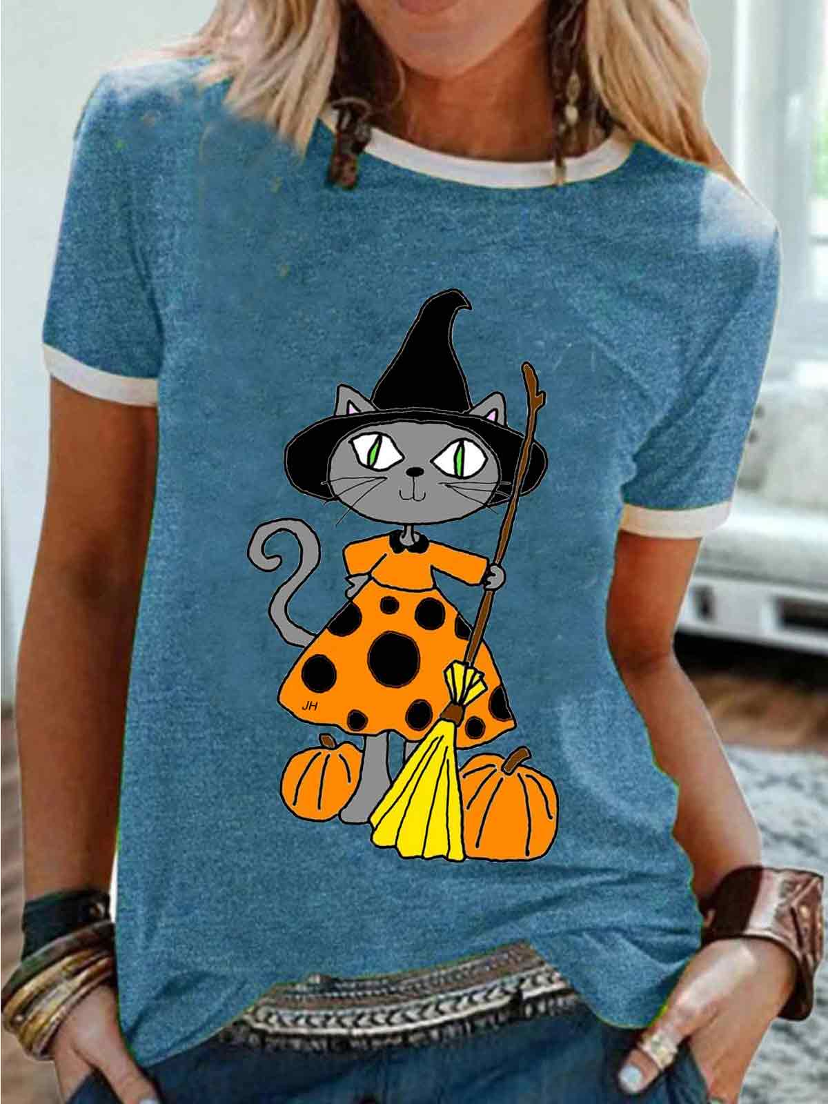 Cat WItch Halloween Crew Neck Tee