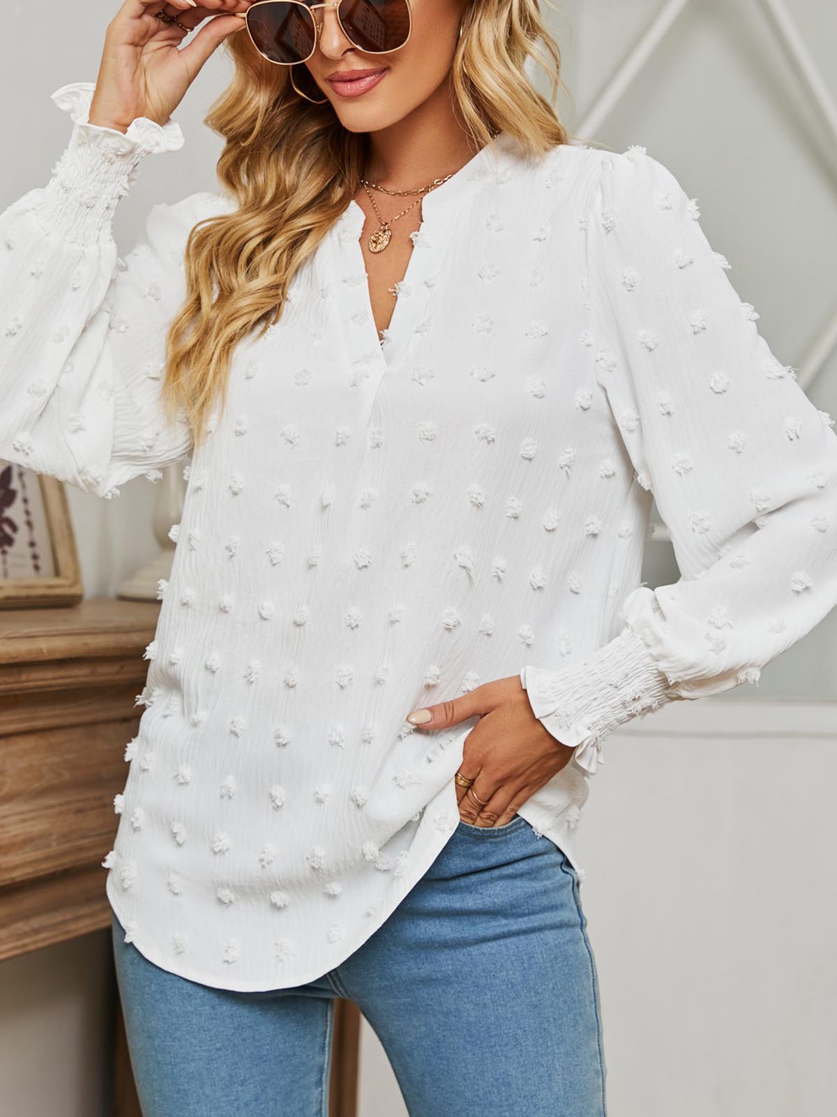 Polka Dot Puff Sleeve V-Neck Shirt