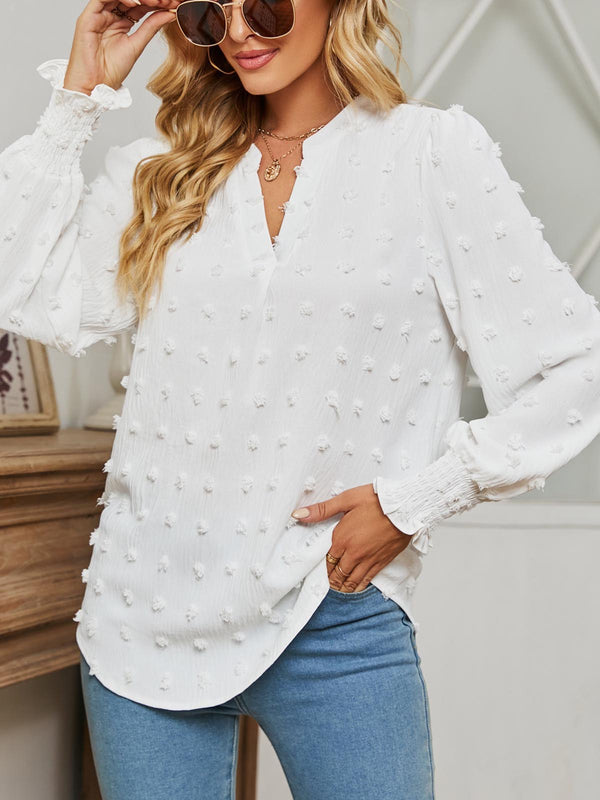 Polka Dot Puff Sleeve V-Neck Shirt