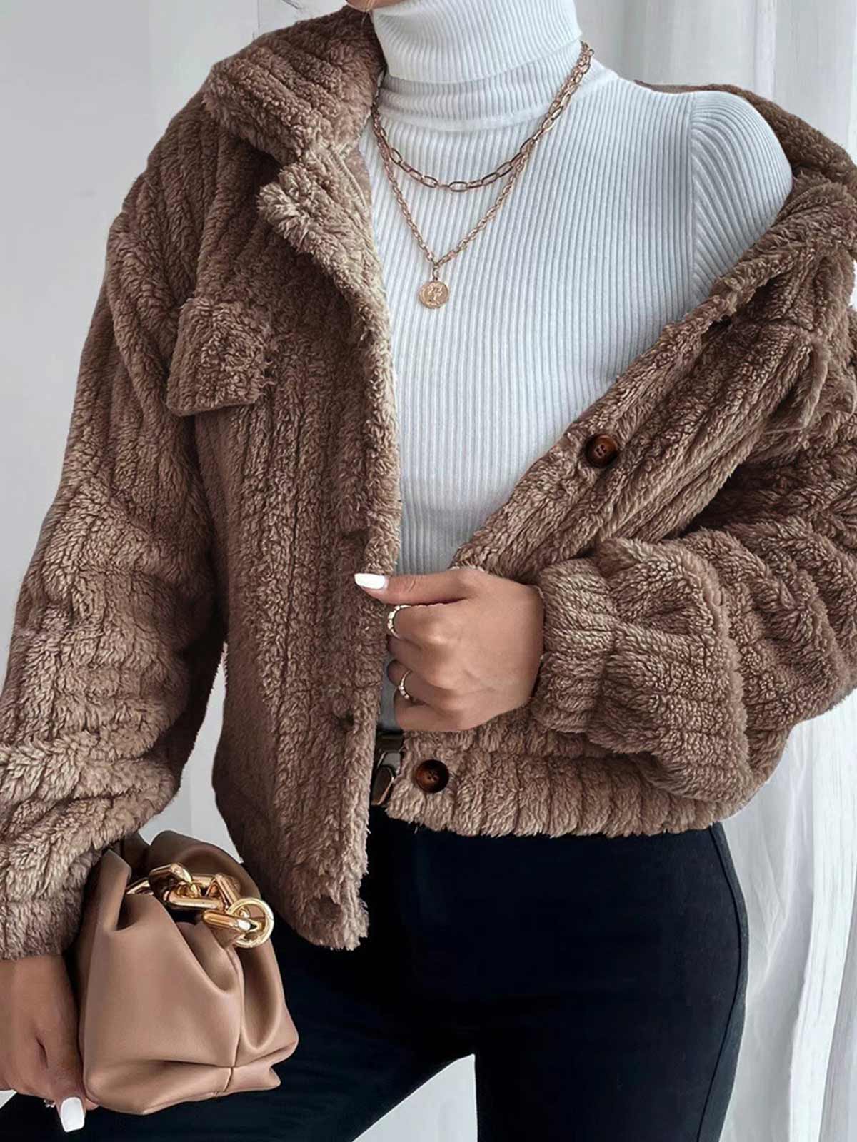 Fluffy Fleece Lapel Button Down Jacket