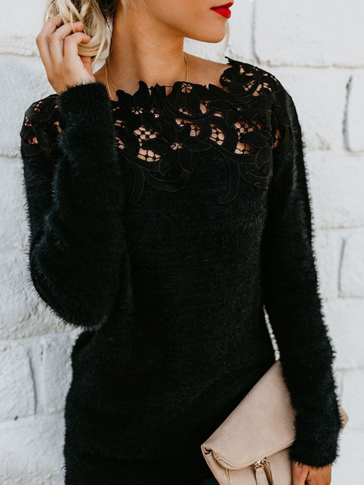 Lace Shoulder Long Sleeve Pullover Sweaters