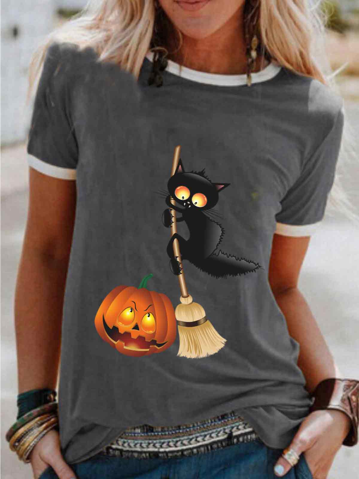 Funny Cat Halloween Crew Neck Tee