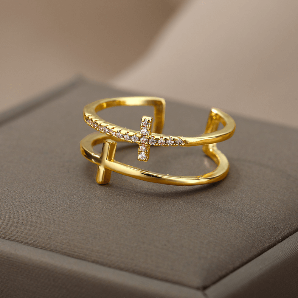 To My Daughter "Pray Through It" Twin Band Cross Ring - Gold