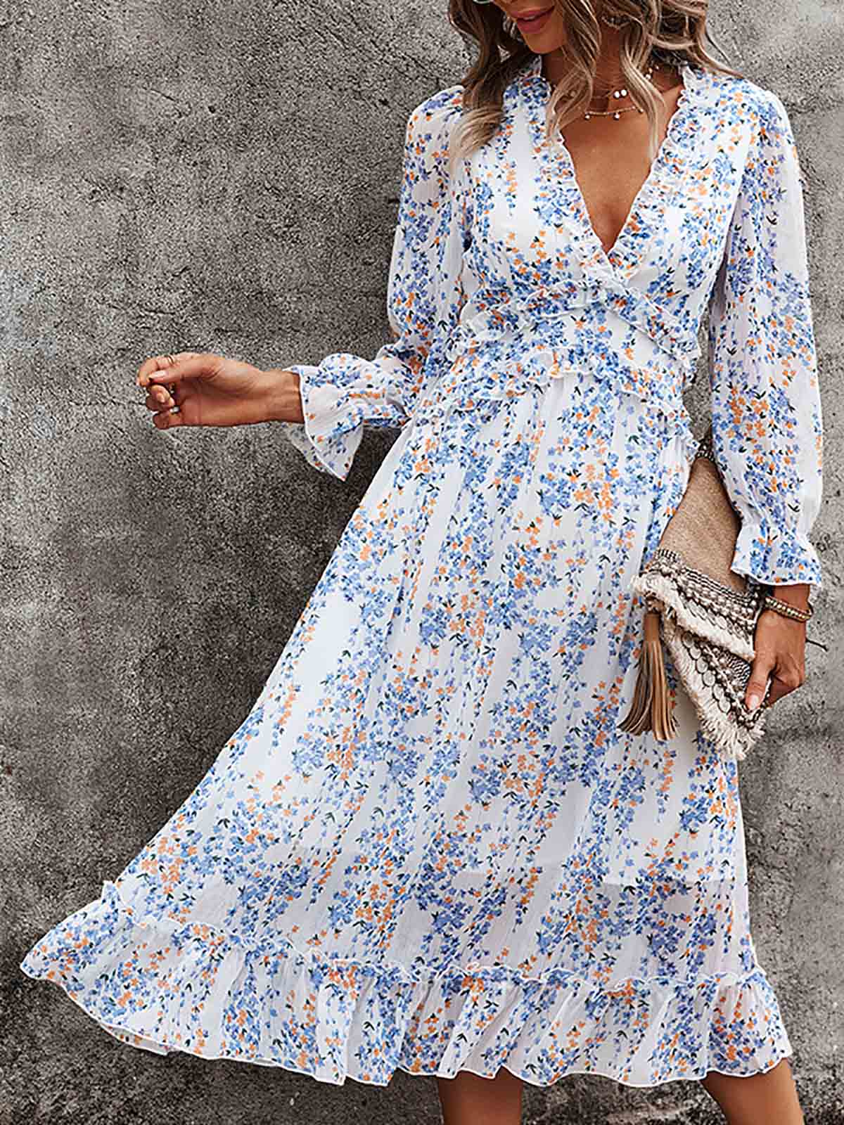 V Neck Ruffles Floral Printed Long Sleeve Dress