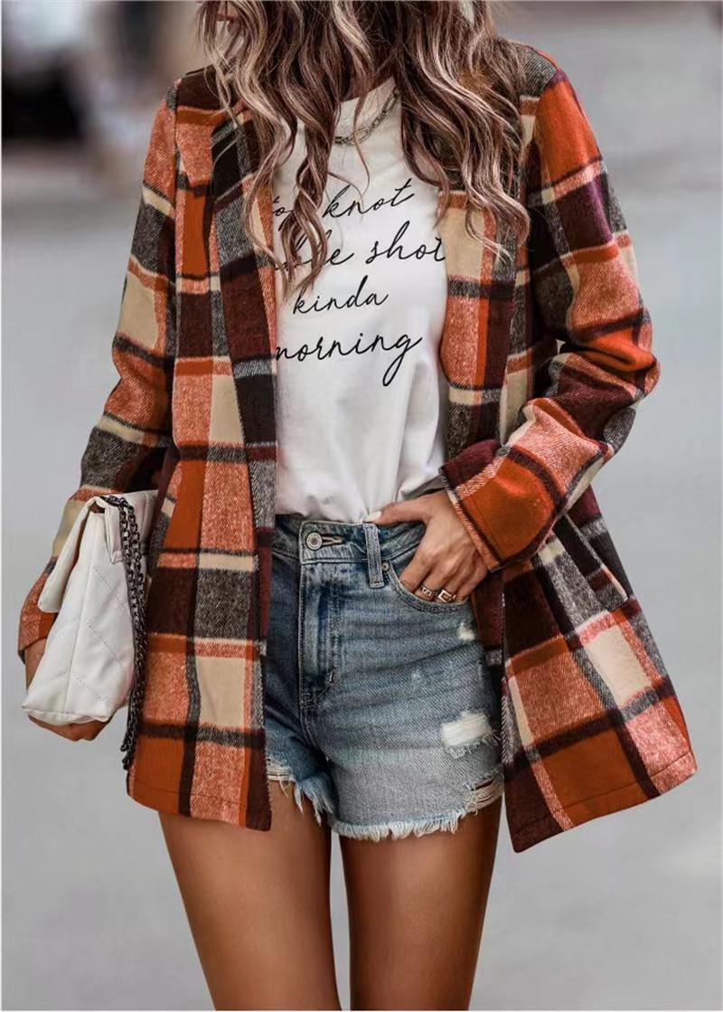 Women Lapel Loose Thicken Plaid Shirt