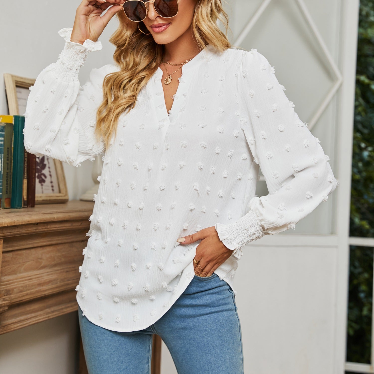 Polka Dot Puff Sleeve V-Neck Shirt