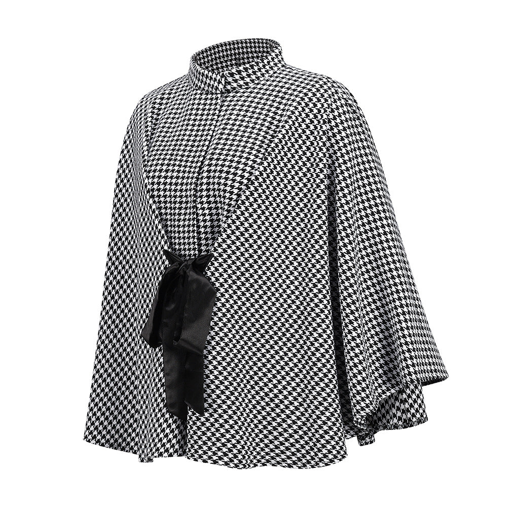 Houndstooth High Neck Cape Coat