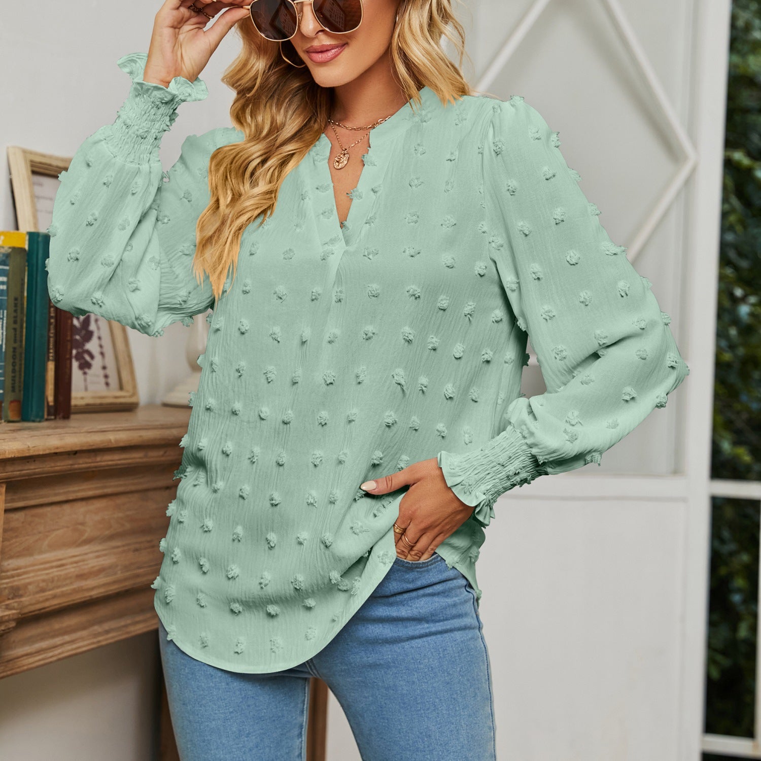 Polka Dot Puff Sleeve V-Neck Shirt