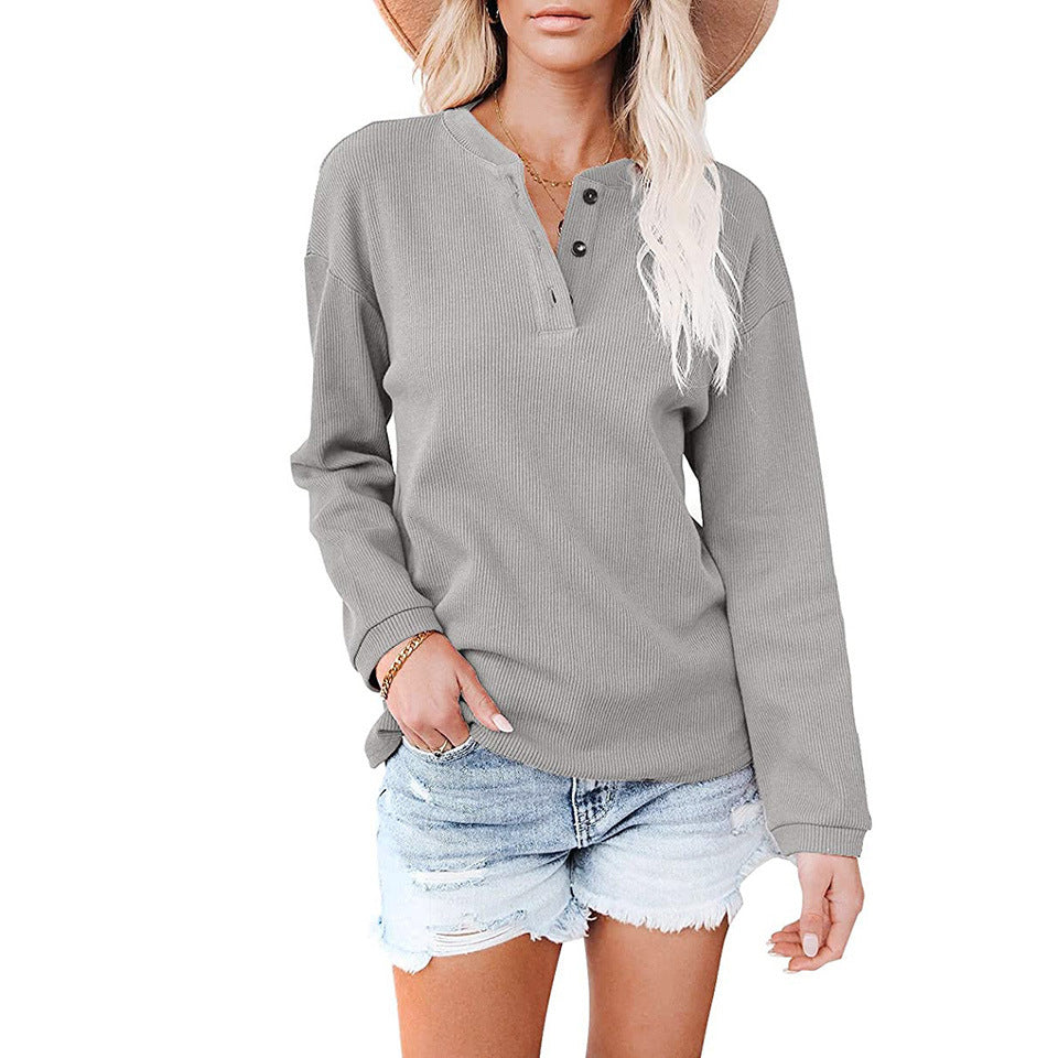 V Neck Button Solid Color Casual Pullover