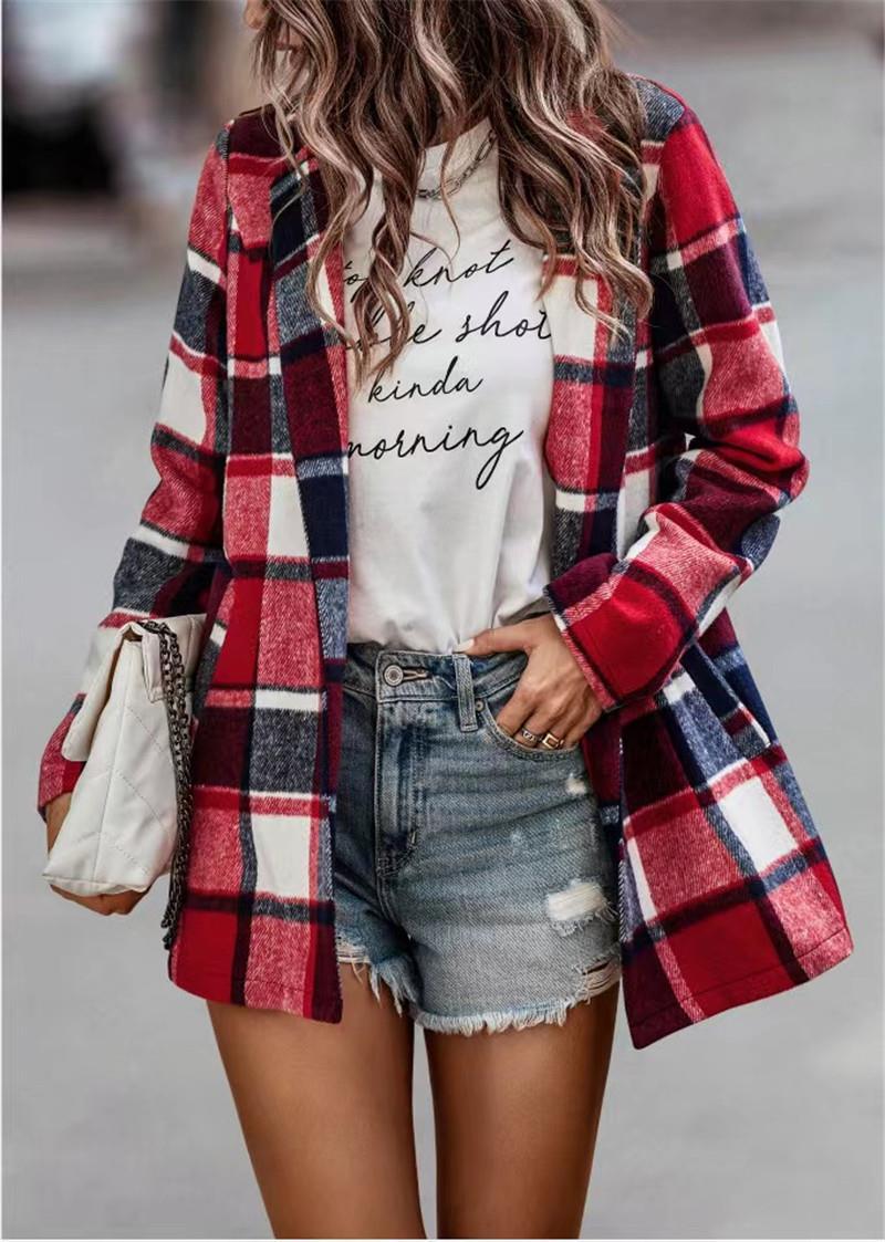 Women Lapel Loose Thicken Plaid Shirt