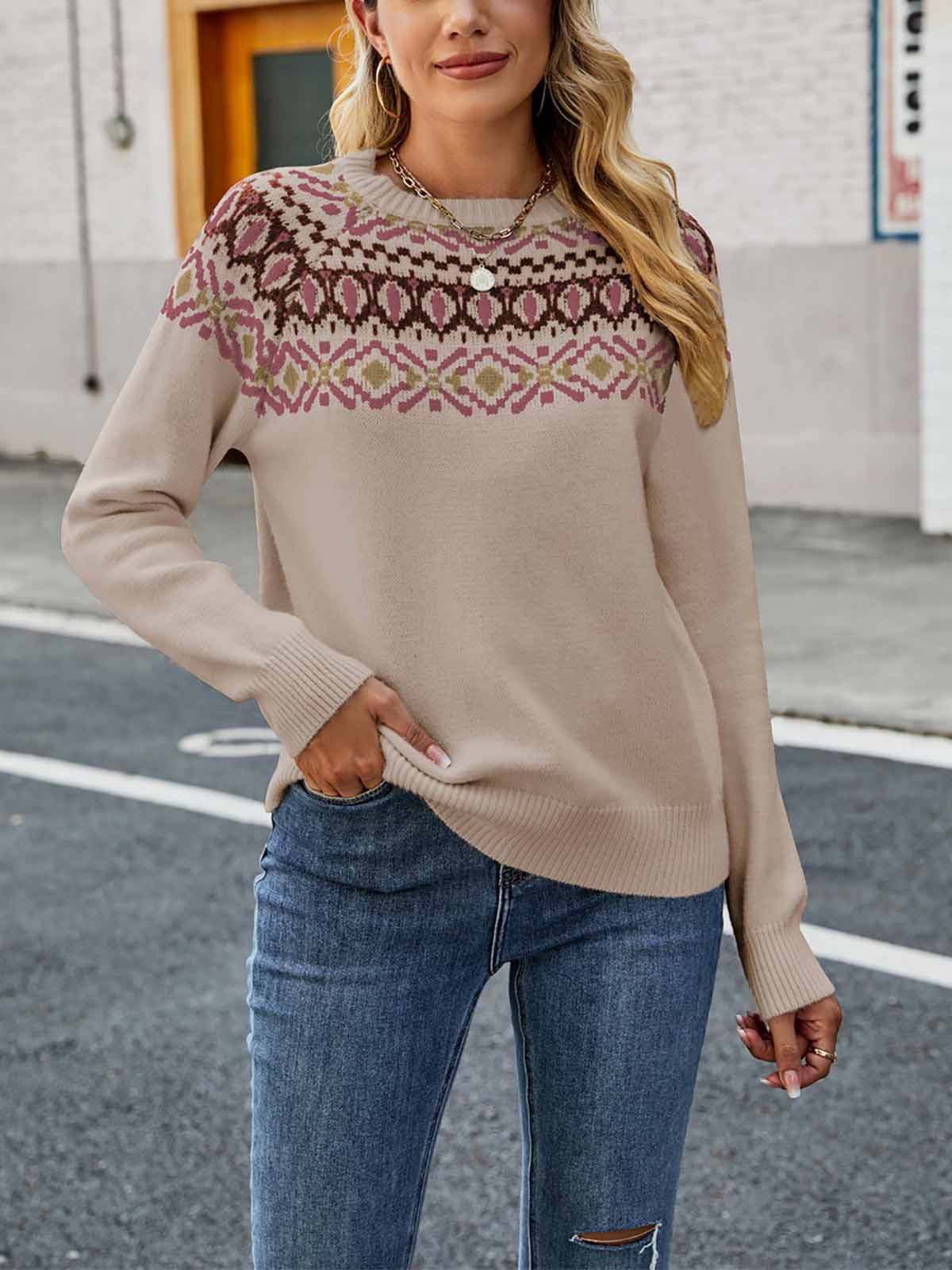 Vintage Jacquard Color Block Knit Sweater