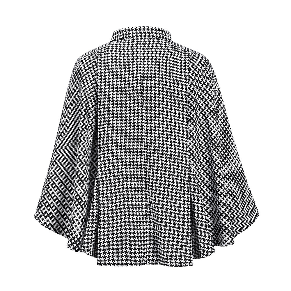 Houndstooth High Neck Cape Coat