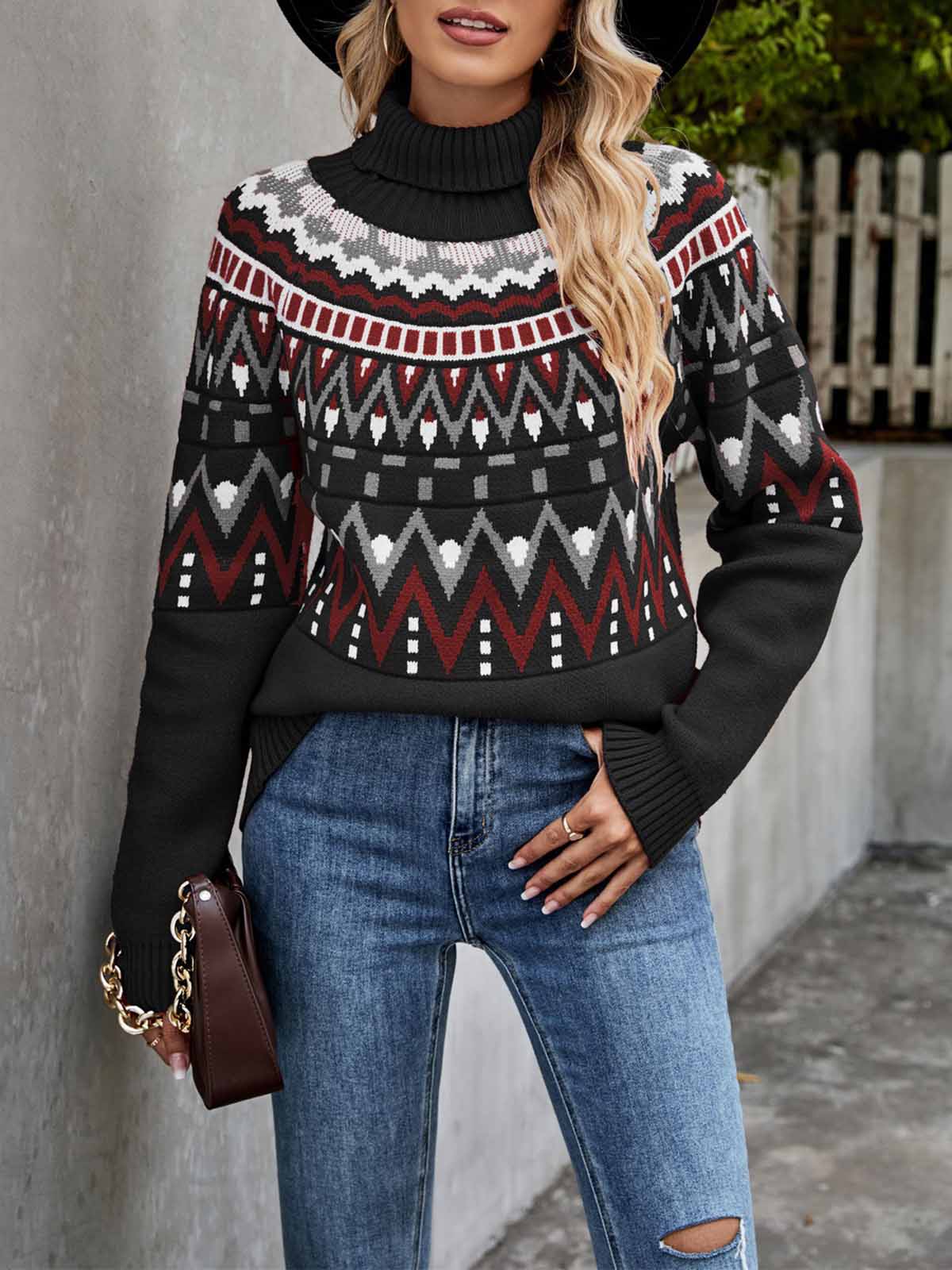 Retro Stripe Stitching Contrast Color Turtleneck Sweater